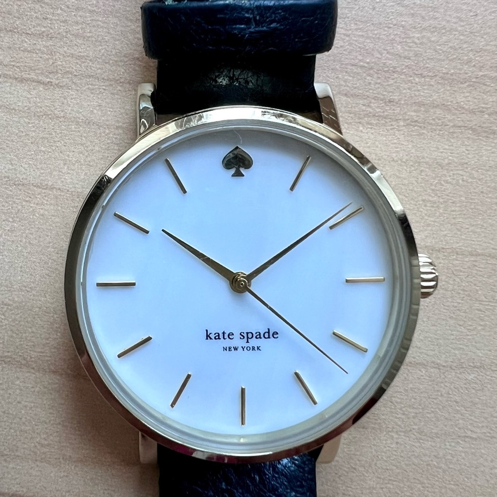 Kate Spade Metro Watch- Black Leather Strap, white pearlescent face